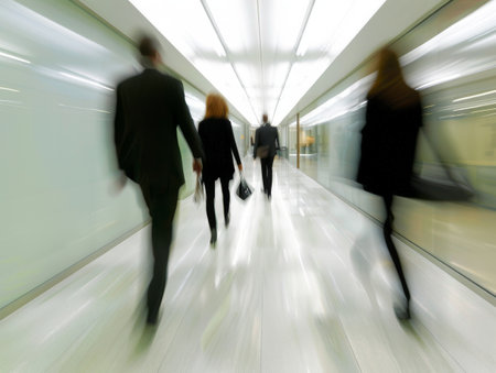 Blurred figures walking swiftly through a brightly lit, modern corridorの素材