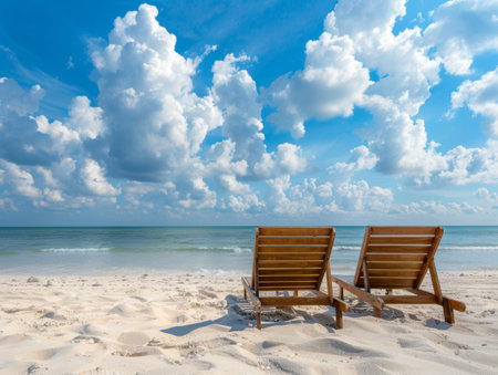 Two wooden chairs on a serene beach with fluffy clouds and gentle wavesの素材