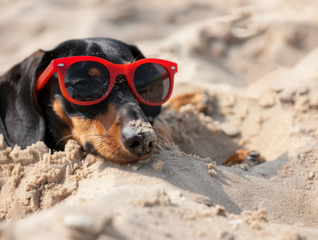 A playful dog with red sunglasses enjoying a sunny day at the beachの素材