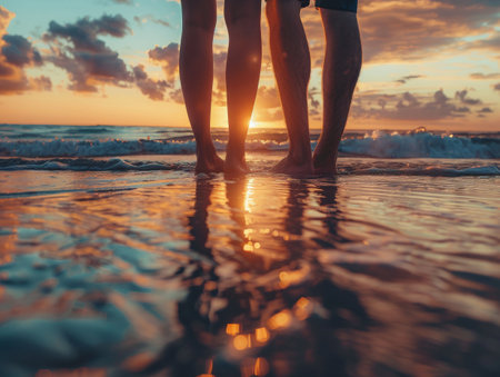 Two people standing on a beach, silhouetted against a golden sunsetの素材