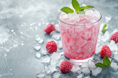 A refreshing icy raspberry drink with mint leaves amidst scattered raspberries and iceの素材