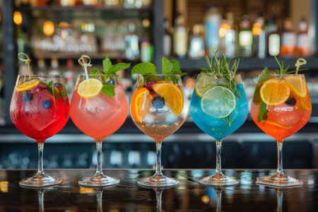 A selection of colorful cocktails with fresh fruit garnishes on a bar counterの素材