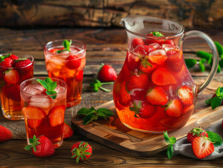 A refreshing strawberry beverage with ice and mint on a rustic wooden tableの素材
