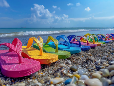 Colorful flip flops arranged on a sandy beach with a beautiful seascape in the backgroundの素材