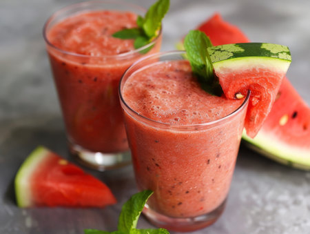 Two refreshing watermelon smoothies garnished with mint leavesの素材