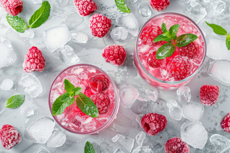 Two vibrant raspberry cocktails with mint amidst a chilly setting of ice and raspberriesの素材