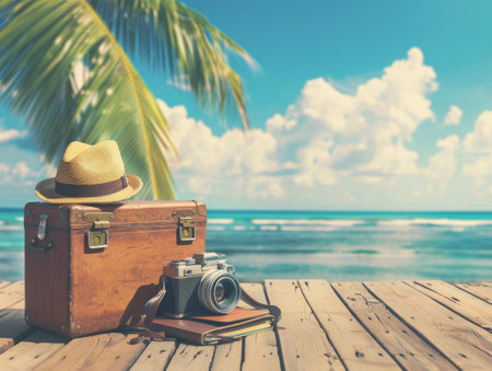 A suitcase with a camera and hat on a wooden deck overlooking a beautiful tropical beach under the sunny skyの素材