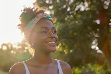 A person with a colorful headband outdoors during a beautiful sunsetの素材