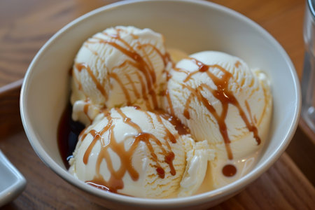 Three scoops of vanilla ice cream topped with a caramel drizzle in a white bowlの素材