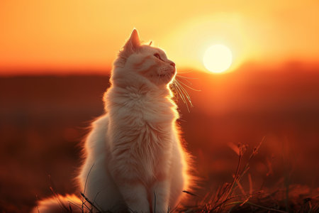 A fluffy cat gazing at the sunset in a serene grasslandの素材