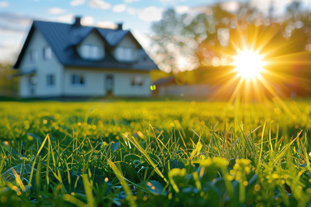 A serene sunrise illuminating a dewy lawn and a beautiful house in the backgroundの素材