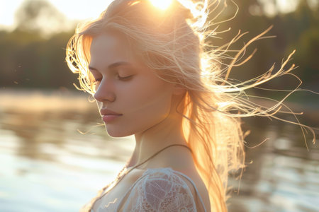 A person with windswept hair during a golden hour sunset by the waterの素材