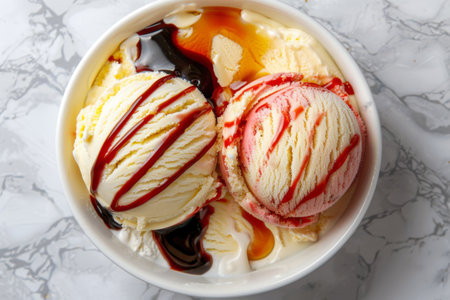 A bowl of vanilla and strawberry swirled ice cream topped with chocolate syrup on a marble surfaceの素材