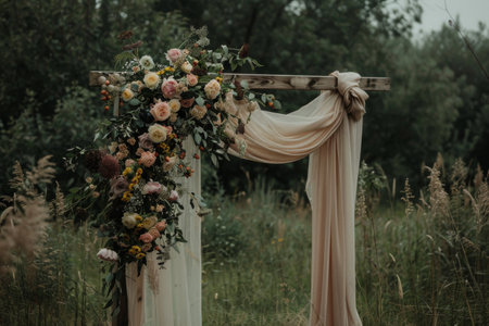 A beautifully decorated wooden arch for an outdoor wedding ceremony amidst lush greeneryの素材