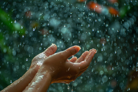 A human hand extended out to catch raindrops in a refreshing and serene outdoor settingの素材