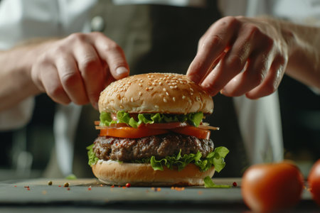 A chef is preparing a juicy burger with fresh vegetables in a kitchenの素材