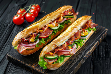 Two appetizing sandwiches with ham and vegetables on a dark wooden boardの素材