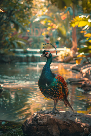 A majestic peacock by a pond, bathed in sunlight amidst lush greeneryの素材