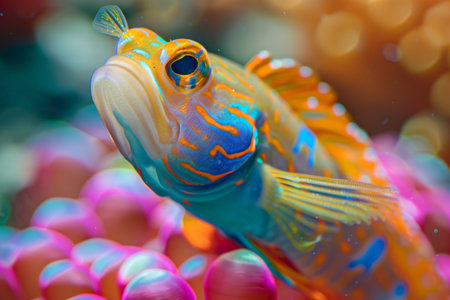 A vibrant mandarinfish swimming amidst colorful corals in an underwater sceneの素材