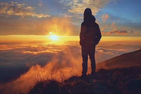 A person silhouetted against a breathtaking sunset above the clouds on a mountain peakの素材