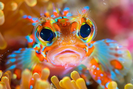 A vibrantly colored fish with detailed fins amidst colorful coral reefs underwaterの素材