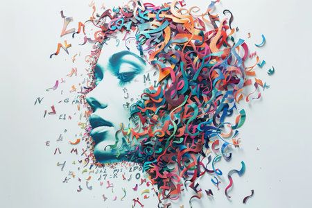 A vibrant abstract artwork of a woman profile with colorful cutouts and lettersの素材
