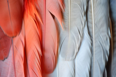 A close-up of red transitioning to white feathers showing intricate textures and patternsの素材