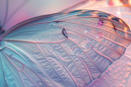 A close-up of a transparent umbrella with water droplets and colorful reflectionsの素材