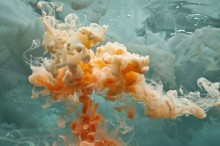 A mesmerizing moment of orange ink dispersing in water, creating a cloud-like formationの素材