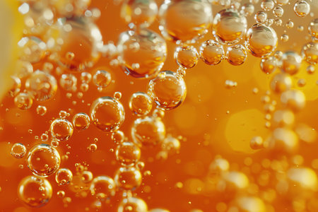 A macro-level capture of numerous bubbles in a liquid with an intense orange backgroundの素材