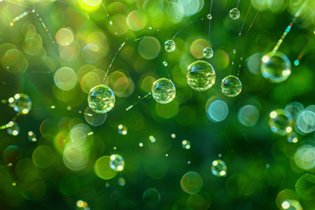 Dew drops on a spiderweb with a green bokeh background in a close-up viewの素材