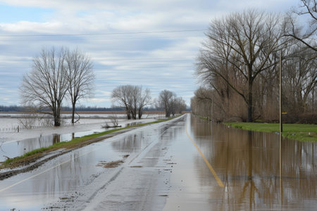 A flooded rural road with bare trees and cloudy skies creating a serene yet desolate atmosphereの素材