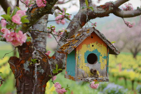 A rustic, colorful birdhouse hangs from a blossoming tree in a serene spring gardenの素材