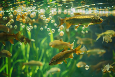 Golden fishes swimming among bubbles and green plants in clear waterの素材