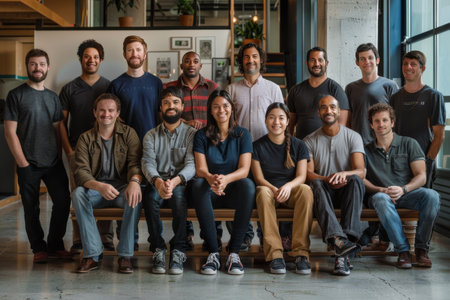 A diverse team in casual attire at a modern officeの素材