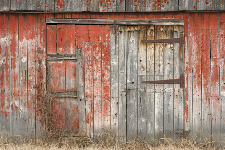 A weathered barn door with peeling red paint and rustic wooden textureの素材