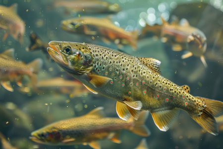 A close-up of a trout with vivid spots swimming among other fish in clear freshwaterの素材