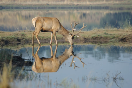 A deer with large antlers is reflected in a calm lake amidst a peaceful natural settingの素材