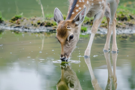 A young spotted deer drinking water from a pond with its reflection visible in the calm waterの素材