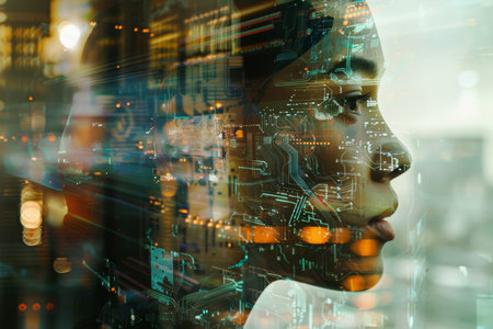 A complex overlay of a human profile and intricate circuit board designs symbolizing advanced technology and artificial intelligence.の素材