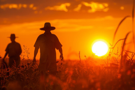 Two silhouetted workers in a field during a vibrant sunset creating a peaceful and warm atmosphereの素材