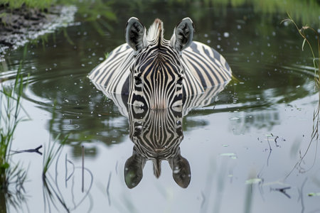 A zebra reflection in the water amidst natureの素材