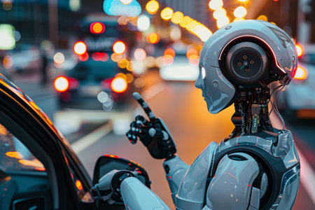 A robot interacting with a car amidst city traffic at nightの素材