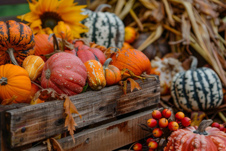 A colorful assortment of autumn harvest pumpkins and gourds displayed in a wooden crate with sunflowers and berriesの素材