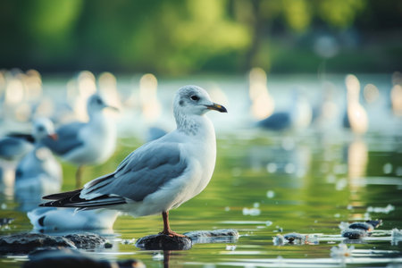 A seagull stands peacefully on rocks amidst a serene lake a beautiful capture of wildlife in natureの素材