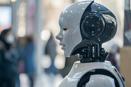 A modern robot with a camera lens head displayed at an exhibition with blurred people in the backgroundの素材