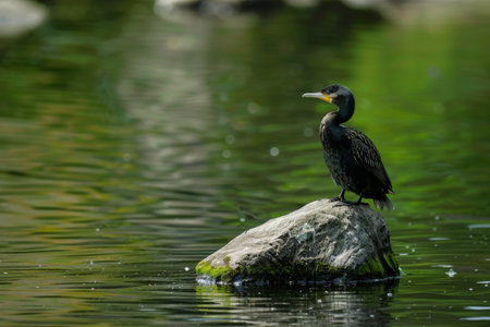 A cormorant perched on a rock amidst a serene pond reflecting the greenery aroundの素材