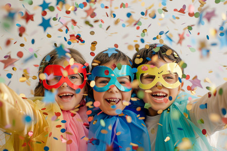 A festive celebration with children in colorful raincoats amidst vibrant confetti.の素材