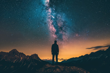 A person stands amidst a mountainous terrain under the starlit sky.の素材