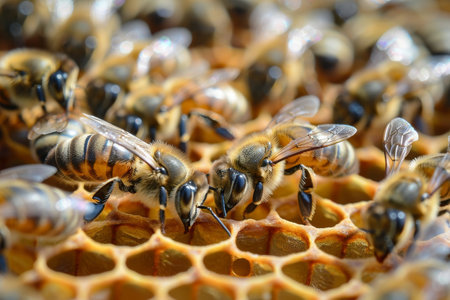 A close-up of bees working diligently on a honeycomb inside their hive.の素材